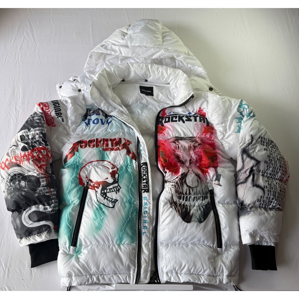 Rockstar Original Nash Puffer Jacket Mens S White Graphic Removable Hood
